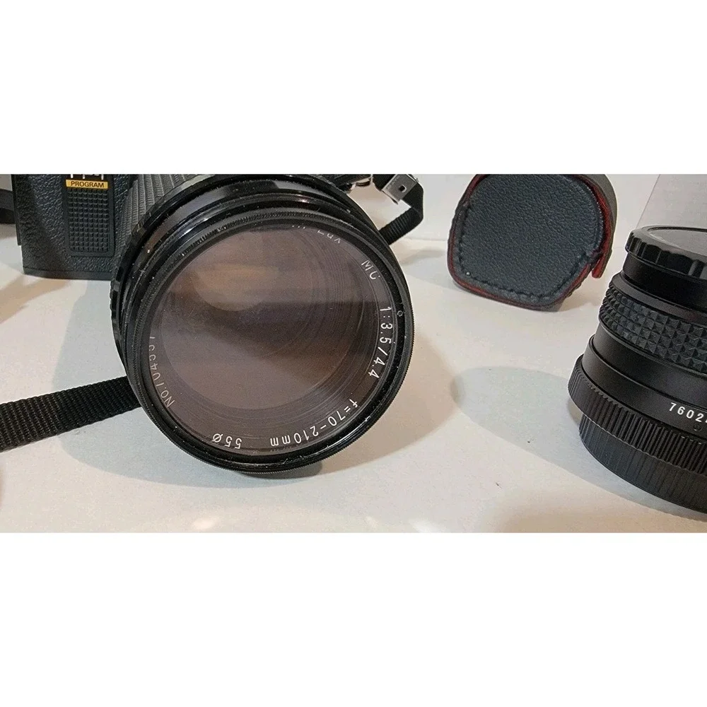Vintage Konica FP-1 Program‎ Motor Camera Lens Bundle + Case